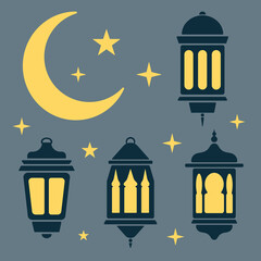 Fototapeta premium Ramadan lantern, moon and stars in black and white.