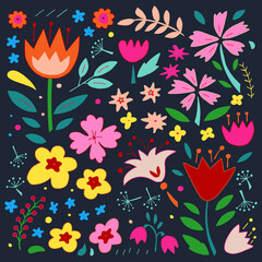 Cartoon decorative flowers. Colorful floral background. Vector illustration.