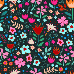 Cartoon decorative colorful flowers.Floral background. Seamless pattern.