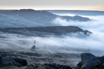 Springtime sunrise cloud inversion, and mist at The Roaches, Staffordshire