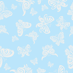 Fototapeta na wymiar pattern of decorative white butterflies on a blue background, cartoon illustration, vector,