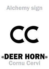 Alchemy Alphabet: &laquo;DEER HORN&raquo; (Cornu Cervi), Hartshorn, smelling salts prepared from the horns of deer, &mdash; see eq.: impure Ammonium carbonate: Chemical formula=[(NH₄)₂CO₃].