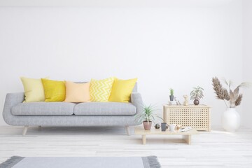 White living room with sofa. Scandinavian interior design. 3D illustration