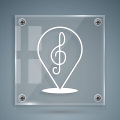 White Treble clef icon isolated on grey background. Square glass panels. Vector