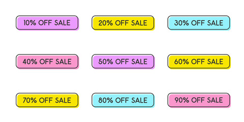 color rectangular discount stickers isolated on white background. discount from 10 to 90 percent off sale. color vector discount stickers illustration for shops and promo advertising business