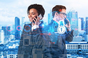 Businessman and businesswoman as a part of corporate team processing conference call to protect clients confidential information at cybersecurity compliance division. IT lock icons over Kuala Lumpur.
