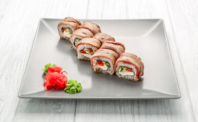 Salmon sushi rolls set. sushi with veal meat