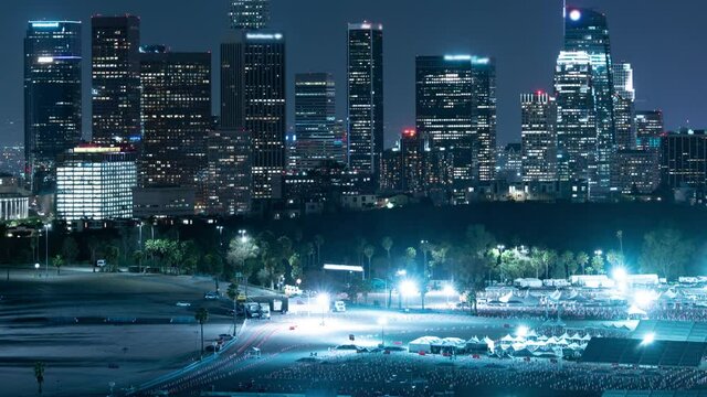 Los Angeles Covid Vaccination Site Dodger Stadium from Elysian Park Night Time Lapse California USA