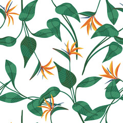 Strelitzia reginae, tropical flowers seamless pattern. Hand drawn vector illustration. Colored exotic plants ornament. Botanical design for fabric, textile, wallpaper, background, print, decor, wrap.