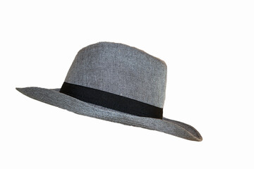 Beautiful hat with ribbon and bow on a beach hat, white background from side view.