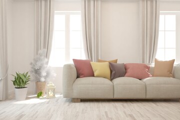 White living room with sofa. Scandinavian interior design. 3D illustration