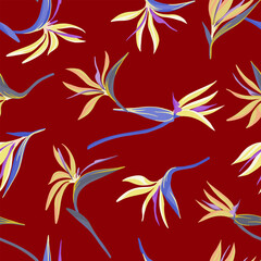 Fototapeta na wymiar Strelitzia reginae, tropical flowers seamless pattern. Hand drawn vector illustration. Colored exotic plants ornament. Botanical design for fabric, textile, wallpaper, background, print, decor, wrap.