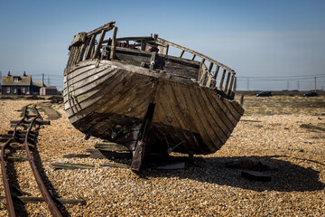 Fishing boat wreck at Dungeness, Kent, England