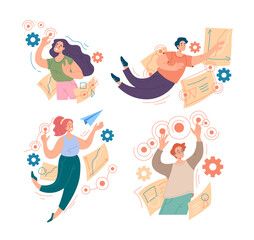 People workers man woman characters interacting business workflow project concept. Vector flat graphic design illustration
