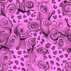 Seamless pattern pink roses with leopard skin