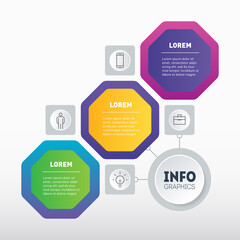 Infographic of technology or education process with three steps. Slide or brochure design. Business presentation, info graphics with 3 options and 4 icons, consisting of Octagons. Template of tree.