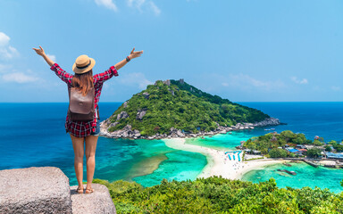 Happy traveler woman joy fun amazed nature scenic landscape Koh Nang Yuan island, Famous attraction...
