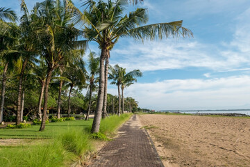 Pedestrian path on the beach side. The right side is the beach and the left is a garden with coconut trees