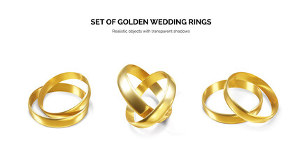 Set of golden wedding rings. Couple shiny realistic gold rings. Vector illustration