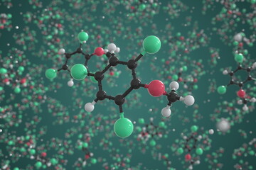 2,4,6-trichloroanisole molecule, ball-and-stick molecular conceptual model. Scientific 3d rendering