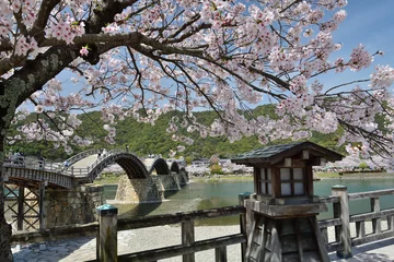 Papier Peint photo autocollant Le pont Kintai 錦帯橋と満開の桜