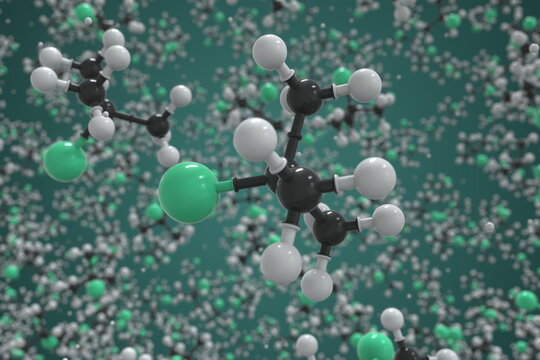 2-chloro-2-methylpropane molecule, ball-and-stick molecular conceptual model. Scientific 3d rendering © Alexey Novikov