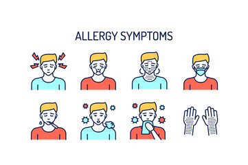 Allergy symptoms line color icons concept. Dermatological, infectious disease.