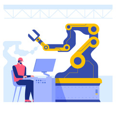 Industrial maintenance. Robotics expert. Factory automated machine hand repairing. Manufactory male worker in hard hat. 2D cartoon  flat vector illustration character.