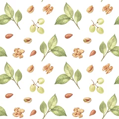 Wallpaper murals Farmhouse style Nuts, grapes and leaves on white isolated background. Watercolor hand drawn elements, seamless pattern in farmhouse style. For fabric, kitchen decor, cafe design, wrapping paper, wallpapers. 