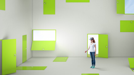 Fototapeta premium Woman wearing virtual reality goggles