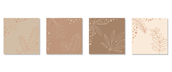 Vector design square templates in simple modern style with copy space for text, flowers and leaves.Natural concept template. Vector illustration. リーフテンプレート、秋スクエアテンプレート、ナチュラルテンプレートデザイン