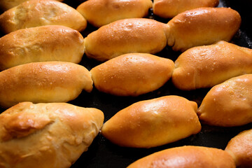 Baked homemade pies on a wooden background.