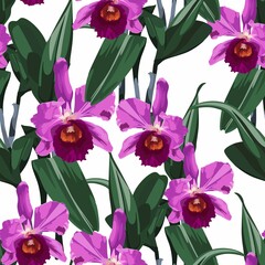 Tropical Cattleya orchid flowers on white background. Seamless pattern. Jungle foliage illustration. Exotic plants. Summer beach floral design. Paradise nature.