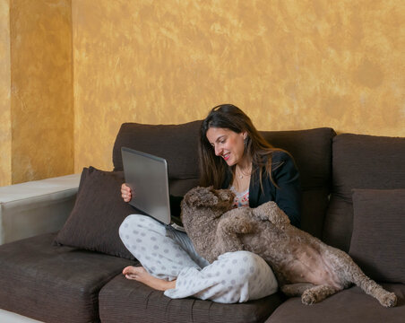 mujer haciendo videoconferencia con su portátil en casa, sentada en el sofá teletrabajando con chaqueta de traje ,pantalones de pijama y zapatillas de andar por casa, con su perro haciéndole compañía