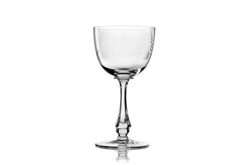 Glass transparent, glass, under the wine, with patterns, on a white background, with highlights