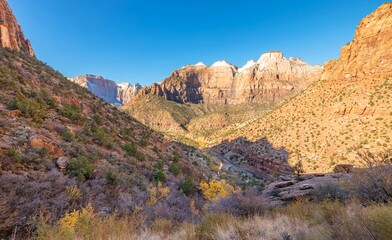 Beautiful landscapes, views of incredibly picturesque rocks and mountains in Zion National Park, Utah, USA