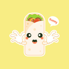 cute and kawaii shawarma kebab cartoon comic character with smiling face tasty wrapped fastfood. emoji kawaii. can be used in restaurant menu,Healthy food. Culinary ingredient.