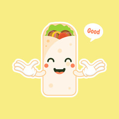 cute and kawaii shawarma kebab cartoon comic character with smiling face tasty wrapped fastfood. emoji kawaii. can be used in restaurant menu,Healthy food. Culinary ingredient.
