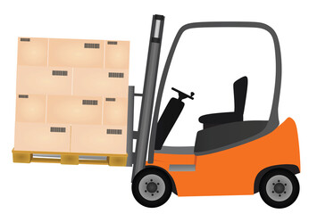 Orange forklift with boxes pallet. vector illustration 