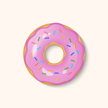 Donut with pink icing and multicolored powder isolated on a white background. 3d realistic food icon. Template modern design for invitation, poster, fabric, textile. Realistic vector illustration