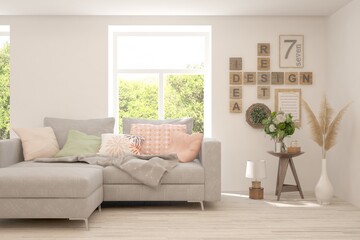 White living room with sofa and summer landscape in window. Scandinavian interior design. 3D illustration