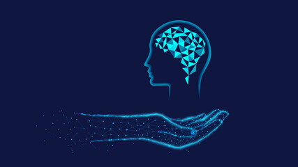  Head, Brain in polygonal hand. Innovation concept or human thinking, neural networks, artificial intelligence, innovative technology, and communication concept. Polygonal illustration