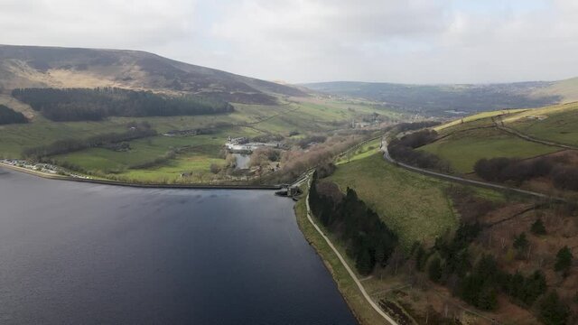 Stunning Dovestone Reservoir Aerial Drone Fly Over Peak District National Park Greenfield Saddleworth Moor Manchester	