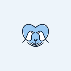 2 birds with heart and nest - editable love logo in blue -  doodle design