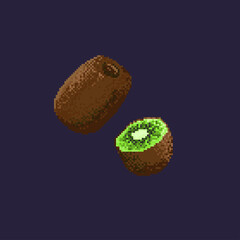 Pixel-art kiwi. Whole kiwi and slice of kiwi on dark blue background.