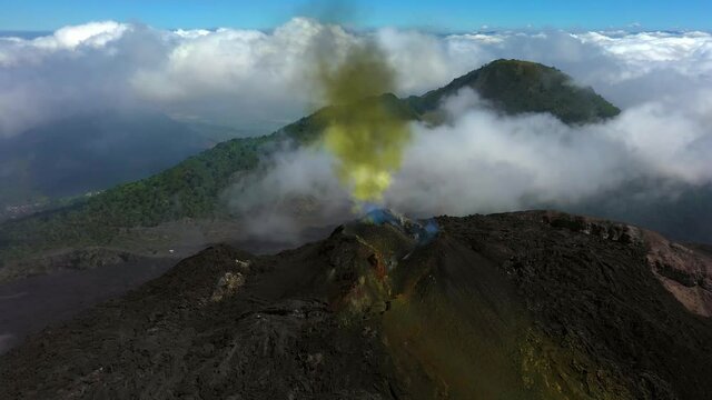 Climate change concept sulfur smoke rising volcano crater - 3d graphic animation