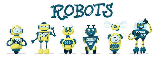 Set of happy funny cartoon childish robots wave hand, say hello. Cute kid cyborgs, retro, futuristic modern bots, smiling characters in flat vector illustration isolated on white background.