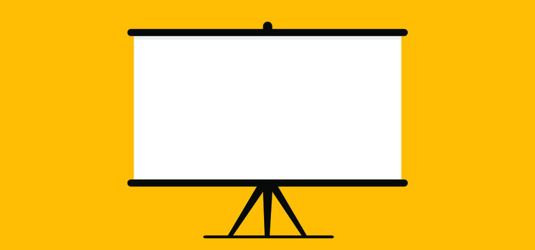 Presentation screen. Empty board or billboard. Screen projector for cinema, movie, games and meetings. Flat vector slide screen sign. Education empty canvas wall frame for meeting on school or work.