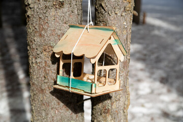 Bird feeder in the park.Taking care of animals in winter.