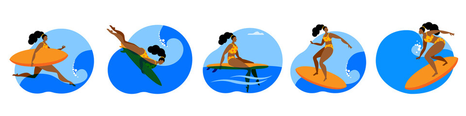 A girl in a swimsuit is surfing. A set of Vector icon in a flat style on the theme of surfing.